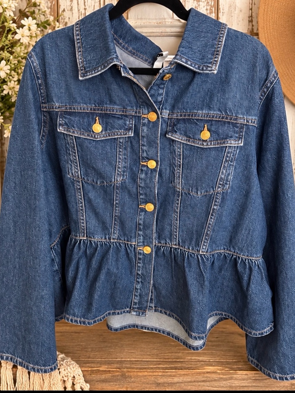 Divided Blue Denim Peplum Jacket with Gold Buttons